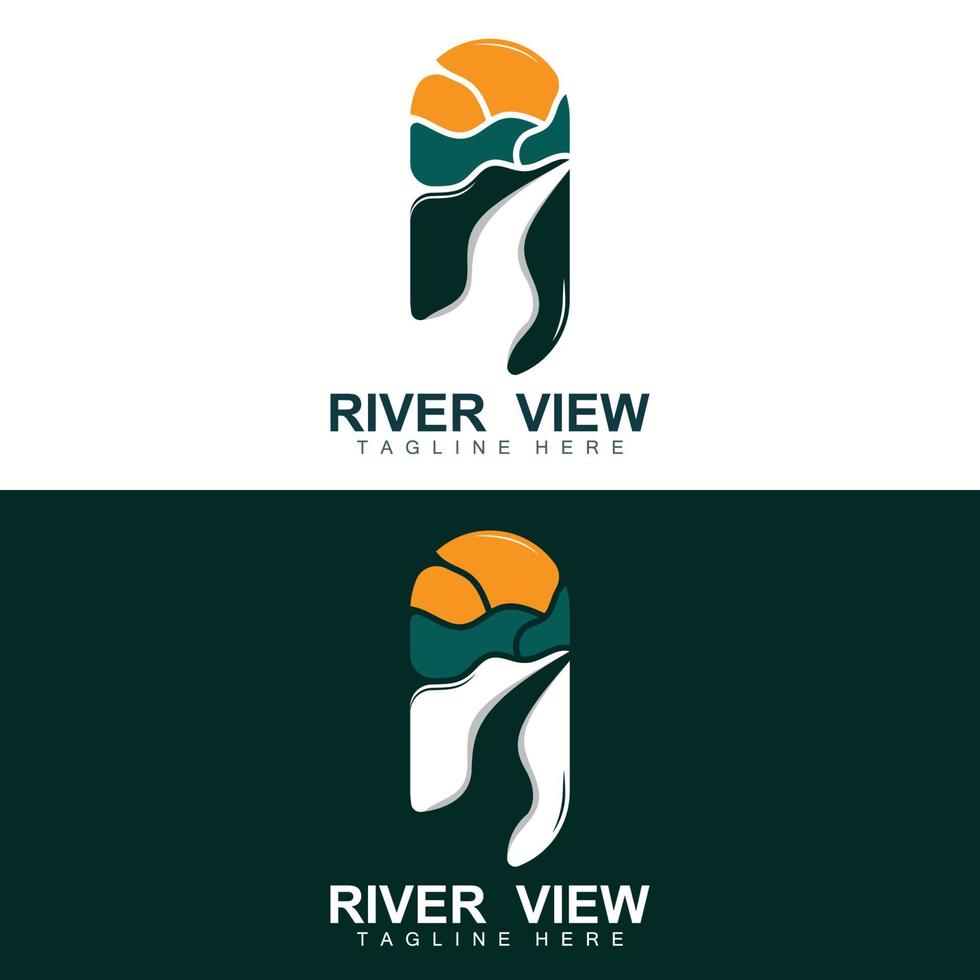 diseño del logo del río, vector de la cala del río, ilustración de la orilla del río con una combinación de montañas y naturaleza, marca de producto