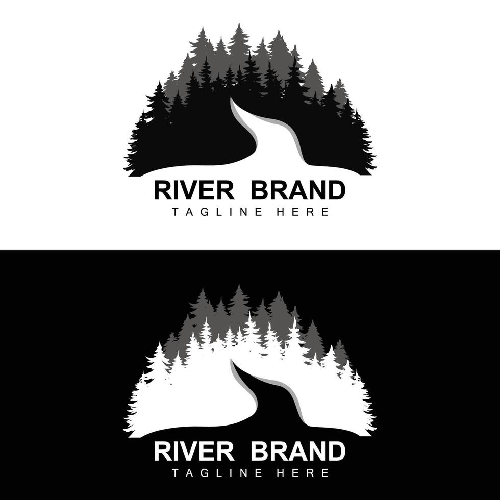 diseño del logo del río, vector de la cala del río, ilustración de la orilla del río con una combinación de montañas y naturaleza, marca de producto