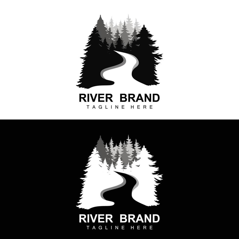 diseño del logo del río, vector de la cala del río, ilustración de la orilla del río con una combinación de montañas y naturaleza, marca de producto