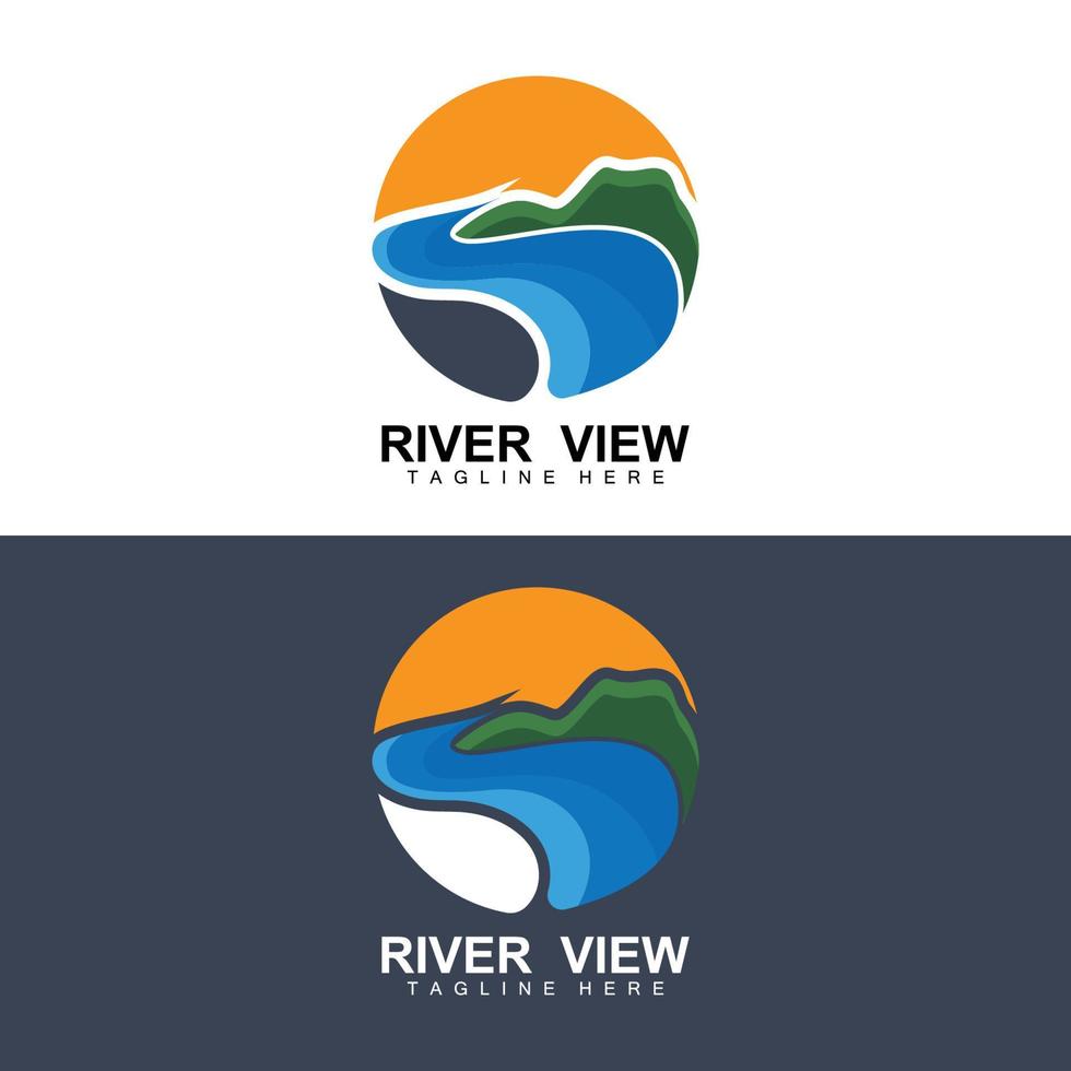 diseño del logo del río, vector de la cala del río, ilustración de la orilla del río con una combinación de montañas y naturaleza, marca de producto