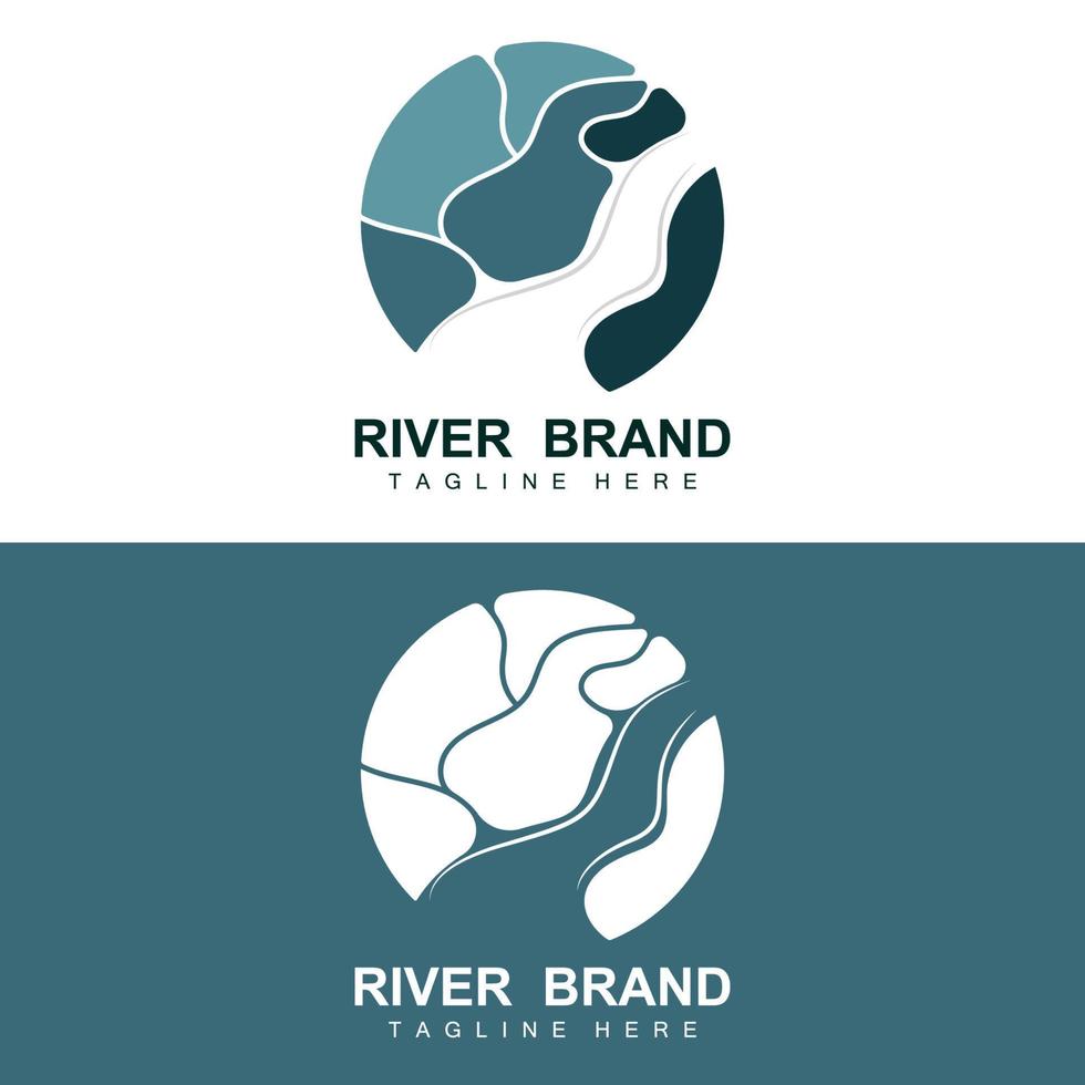 diseño del logo del río, vector de la cala del río, ilustración de la orilla del río con una combinación de montañas y naturaleza, marca de producto