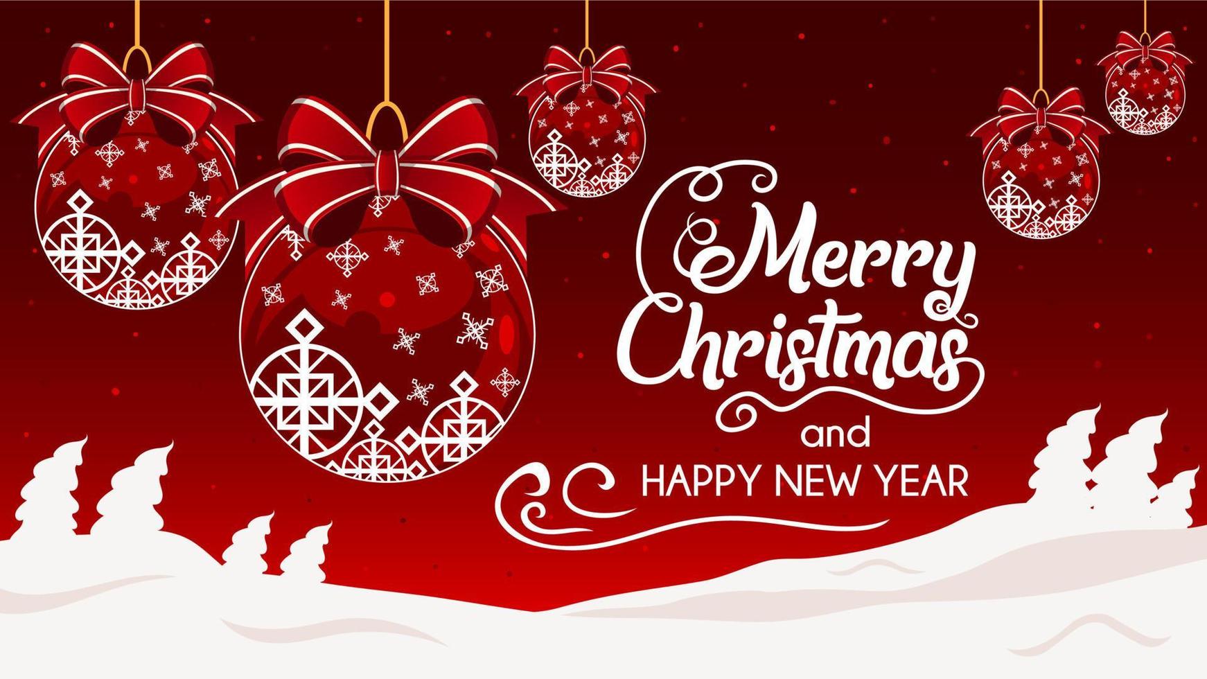 merry christmas and happy new year banner background red hanging christmas ball winter night vector template