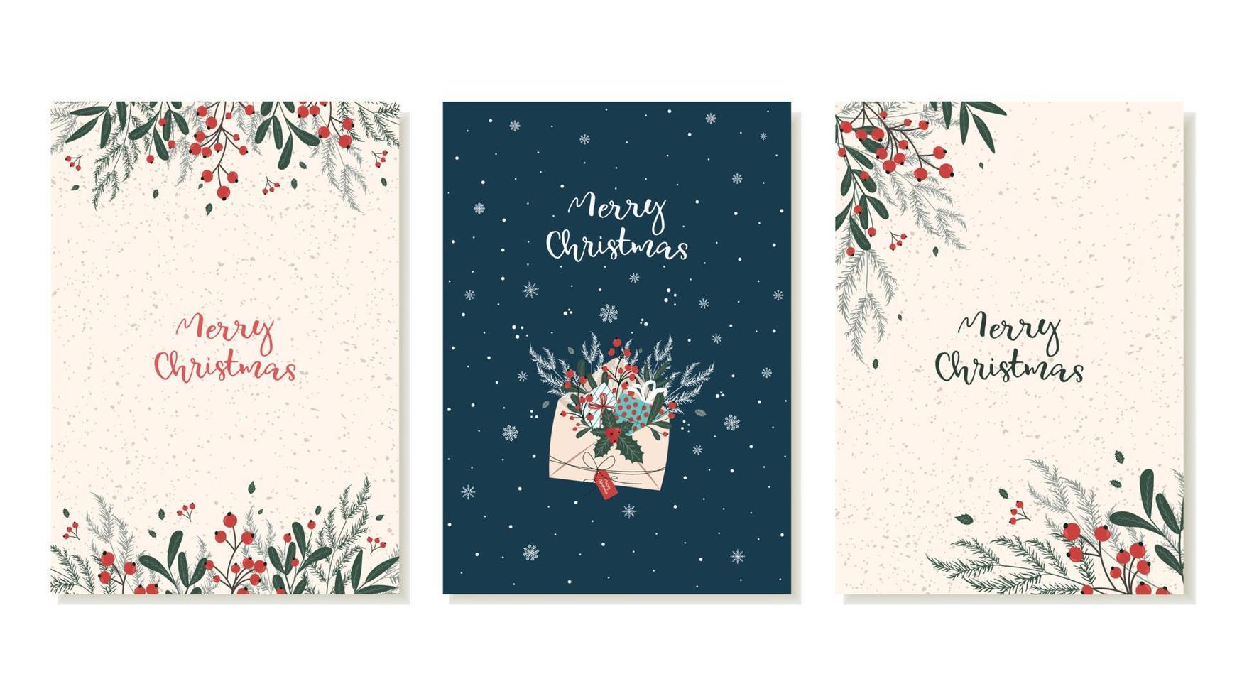 Set of Christmas cards with New Year's decorations of Christmas trees, branches with red berries. Vector