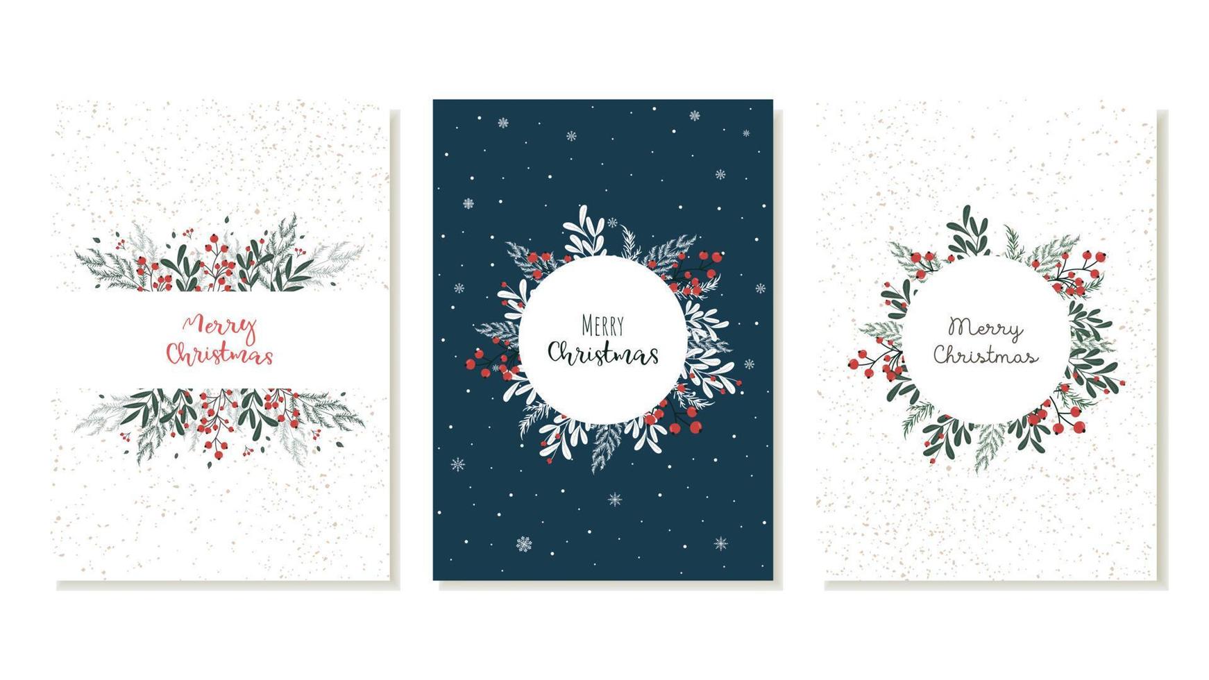 un conjunto de tarjetas navideñas para saludar el año nuevo con una decoración vegetal de árboles de navidad, ramas con bayas rojas. vector