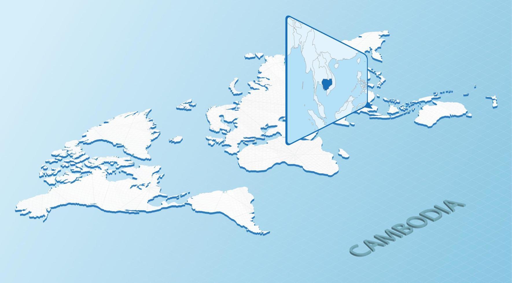 mapa mundial en estilo isométrico con mapa detallado de camboya. mapa de camboya azul claro con mapa del mundo abstracto. vector
