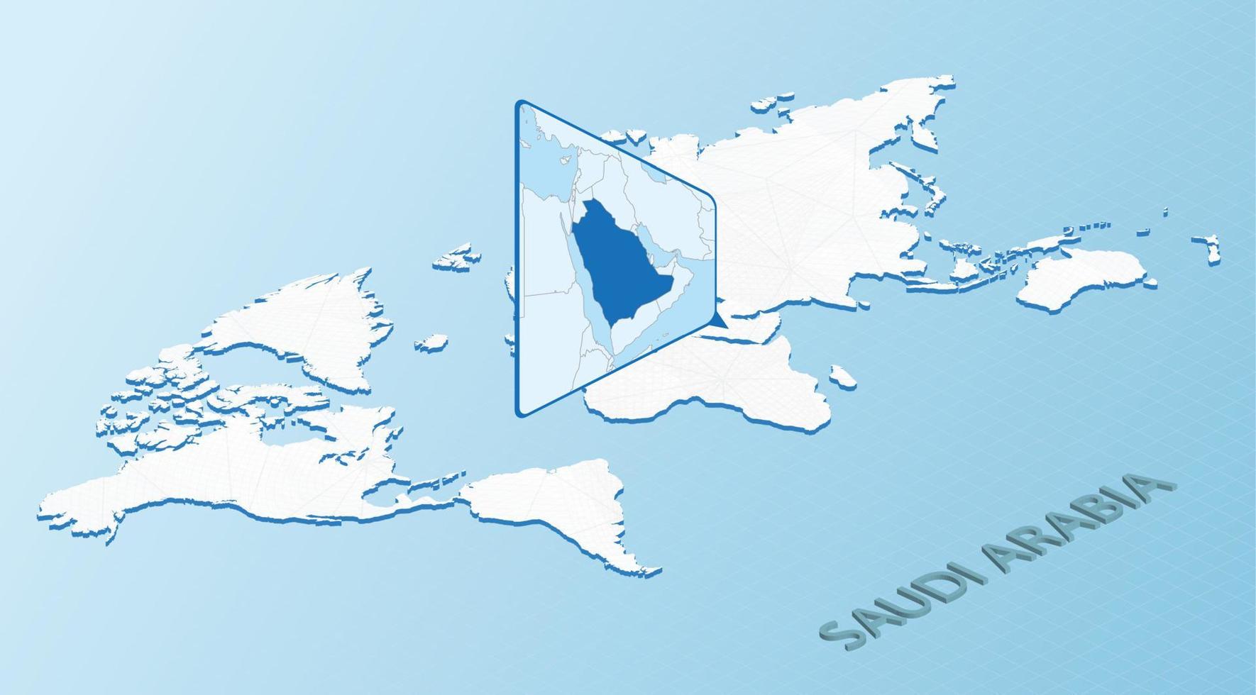 World Map in isometric style with detailed map of Saudi Arabia. Light blue Saudi Arabia map with abstract World Map. vector