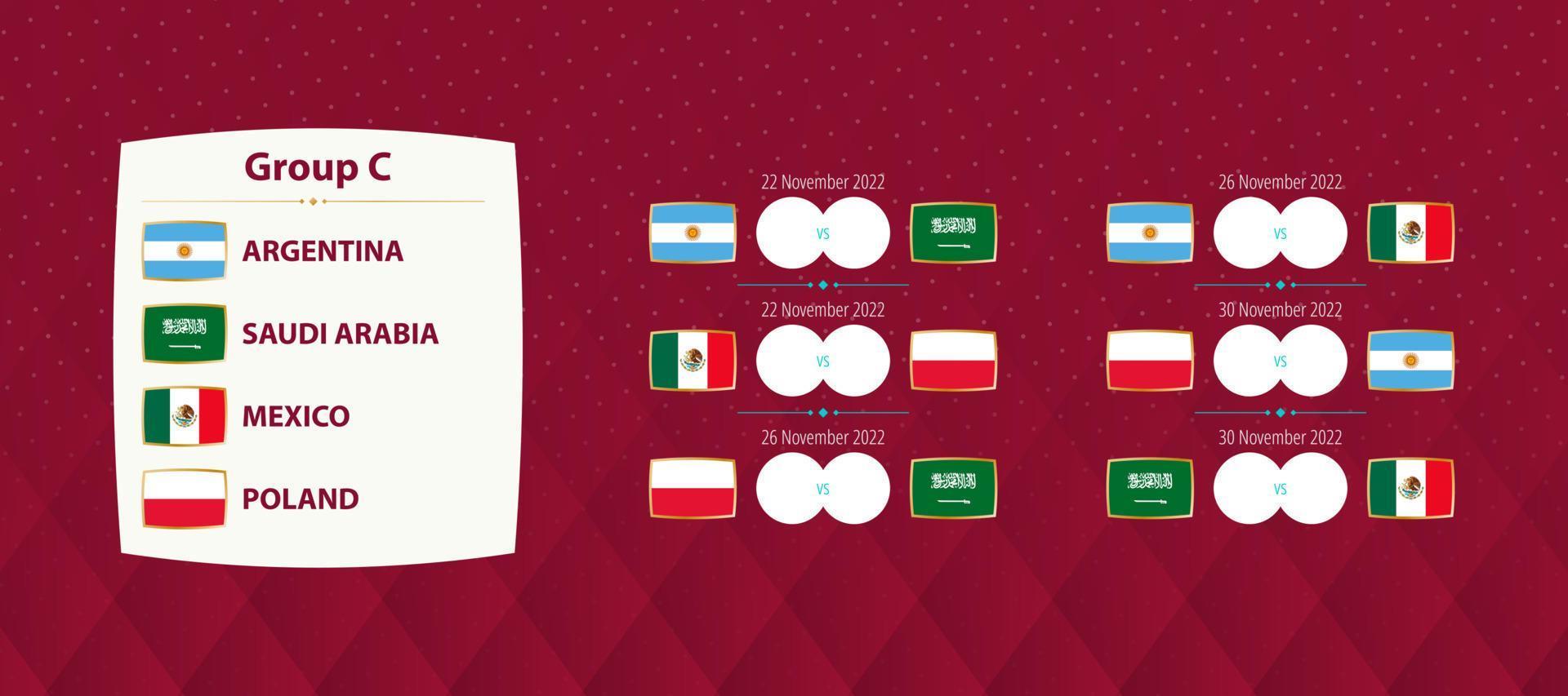 partidos del grupo c del torneo internacional de fútbol, partidos del calendario de la selección nacional de fútbol para la competencia 2022. vector