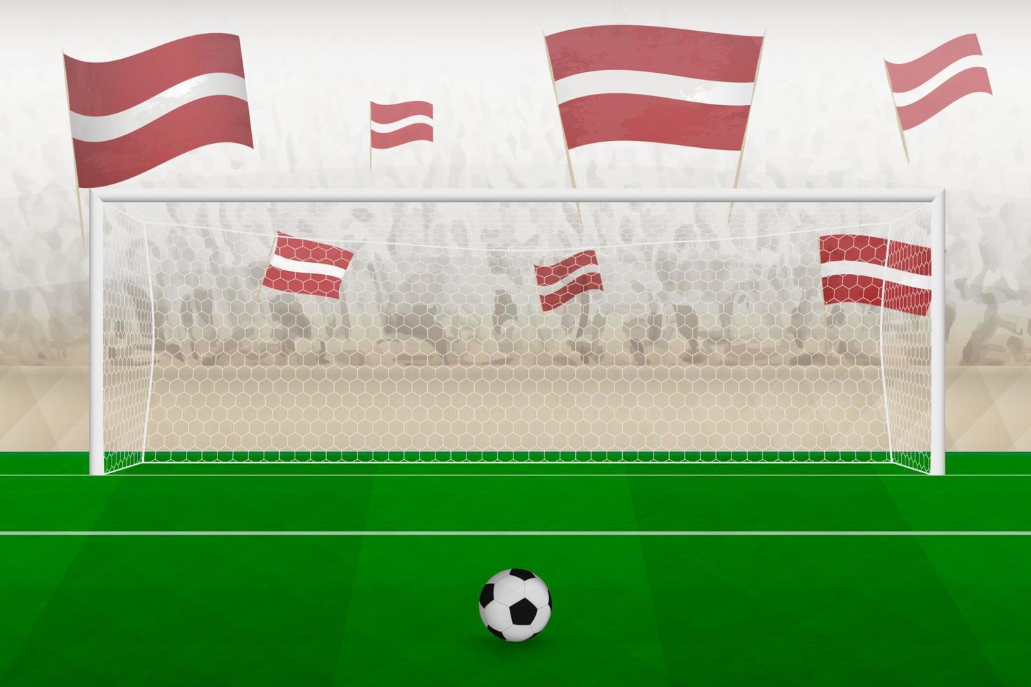 hinchas del equipo de fútbol de letonia con banderas de letonia animando en el estadio, concepto de tiro penal en un partido de fútbol. vector