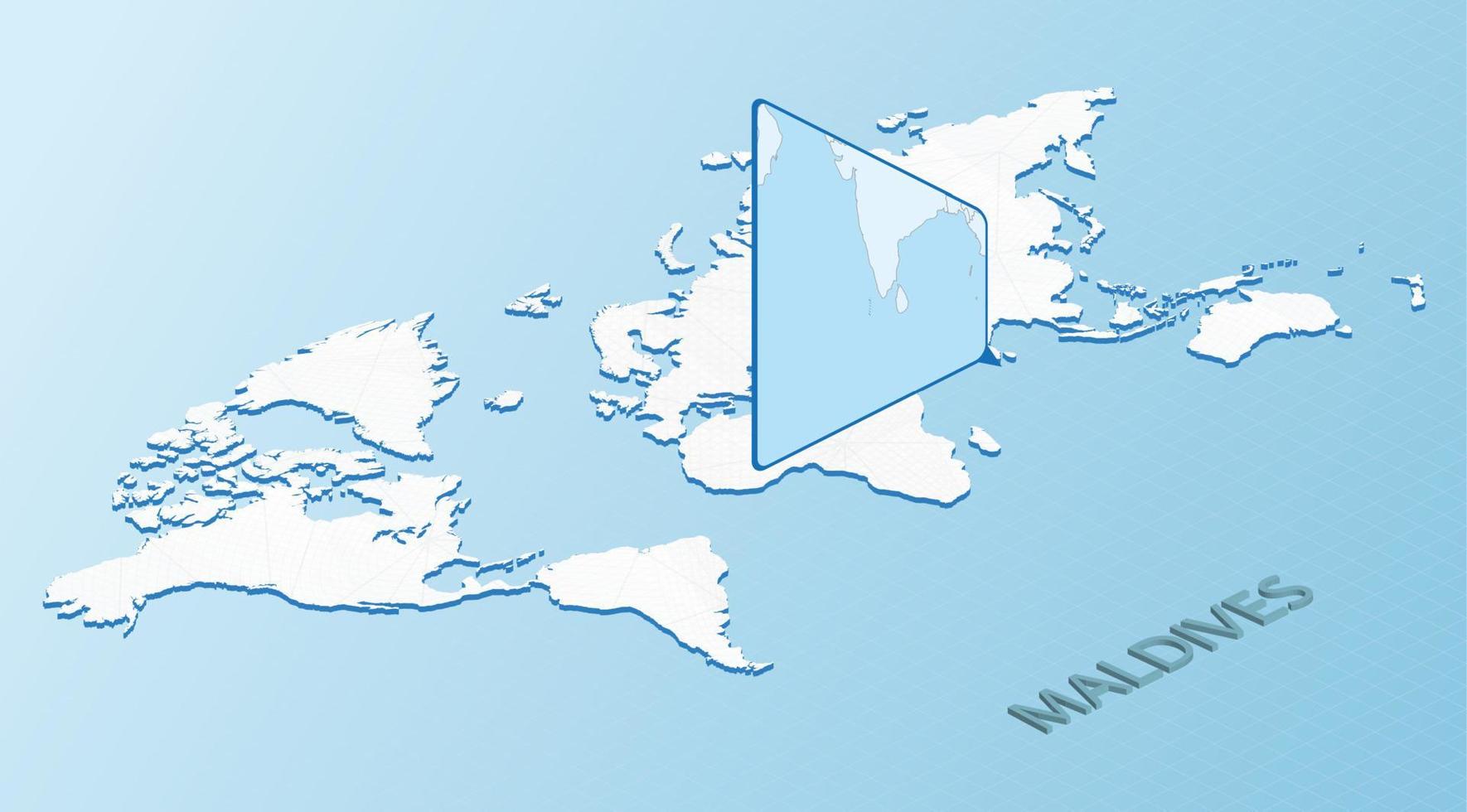 World Map in isometric style with detailed map of Maldives. Light blue Maldives map with abstract World Map. vector