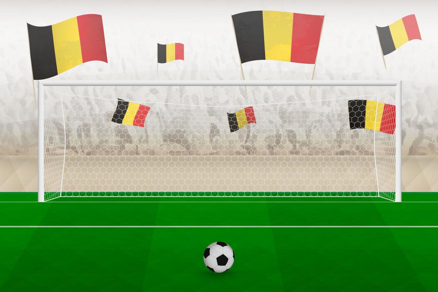 hinchas del equipo de fútbol de bélgica con banderas de bélgica animando en el estadio, concepto de tiro penal en un partido de fútbol. vector
