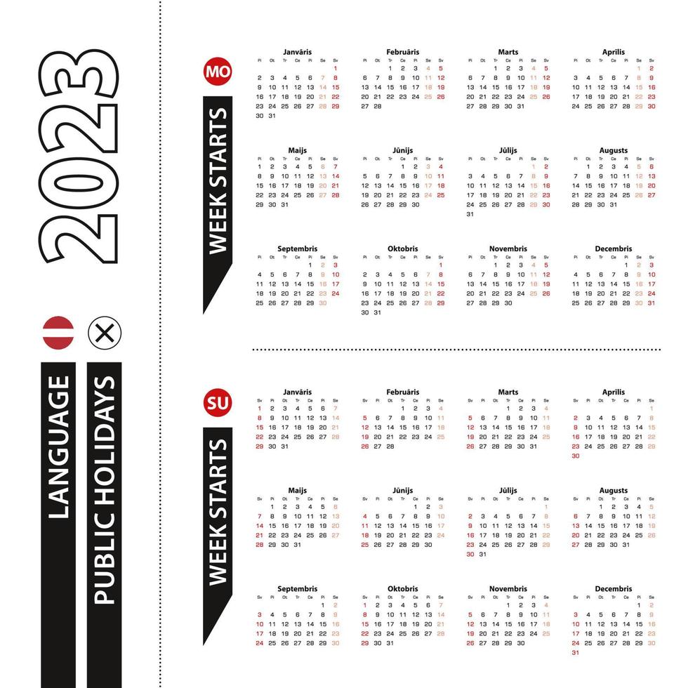 dos versiones del calendario 2023 en letón, la semana comienza el lunes y la semana comienza el domingo. vector