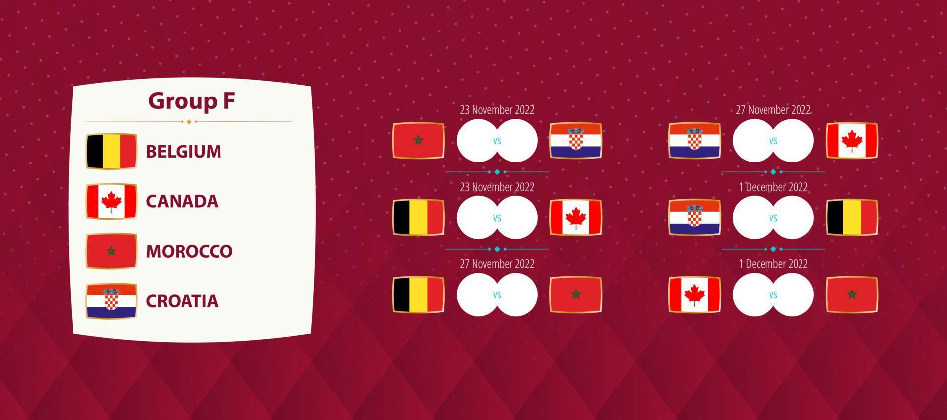 Football international tournament Group F matches, national soccer team schedule matches for 2022 competition. vector