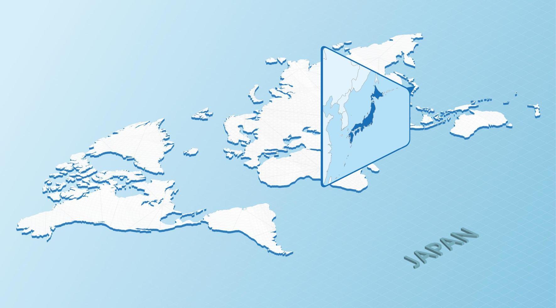 mapa mundial en estilo isométrico con mapa detallado de japón. mapa de japón azul claro con mapa del mundo abstracto. vector