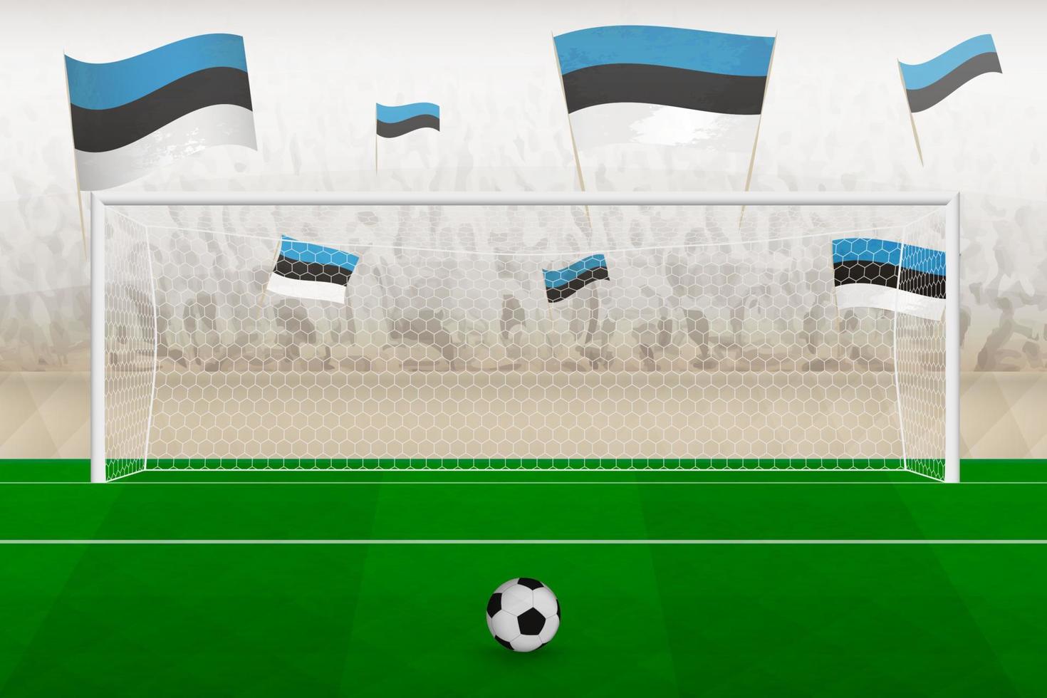 hinchas del equipo de fútbol de estonia con banderas de estonia animando en el estadio, concepto de tiro penal en un partido de fútbol. vector