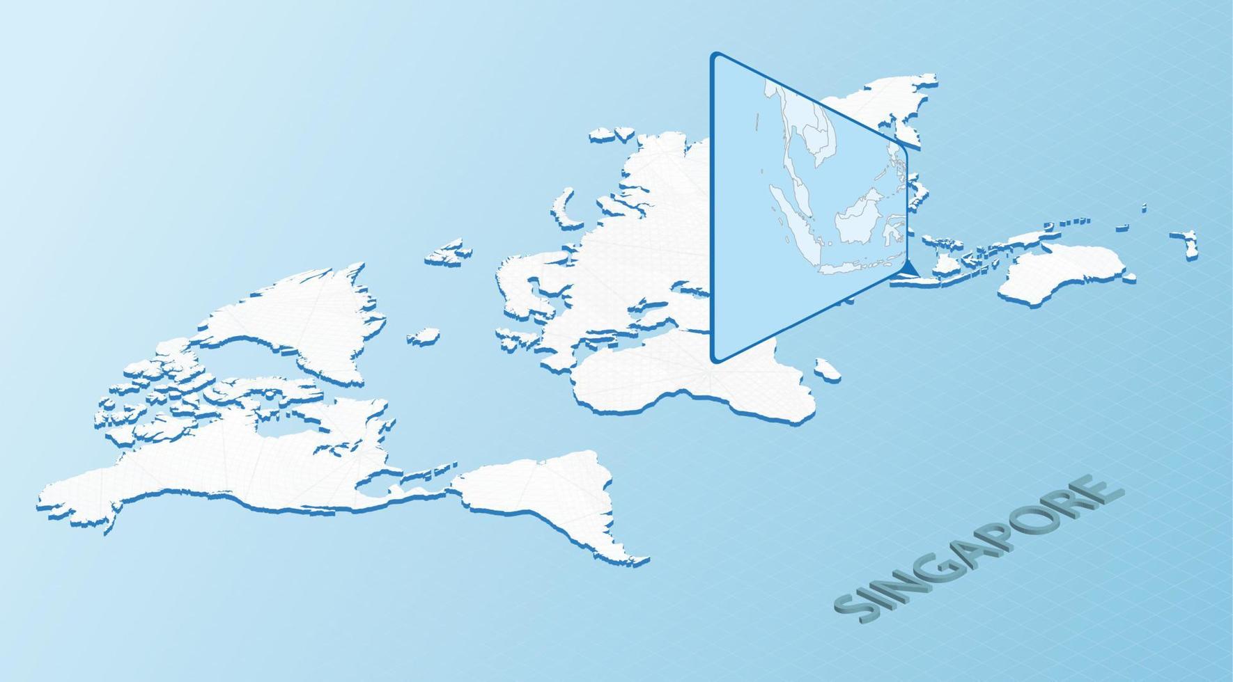 mapa mundial en estilo isométrico con mapa detallado de singapur. mapa azul claro de singapur con mapa del mundo abstracto. vector