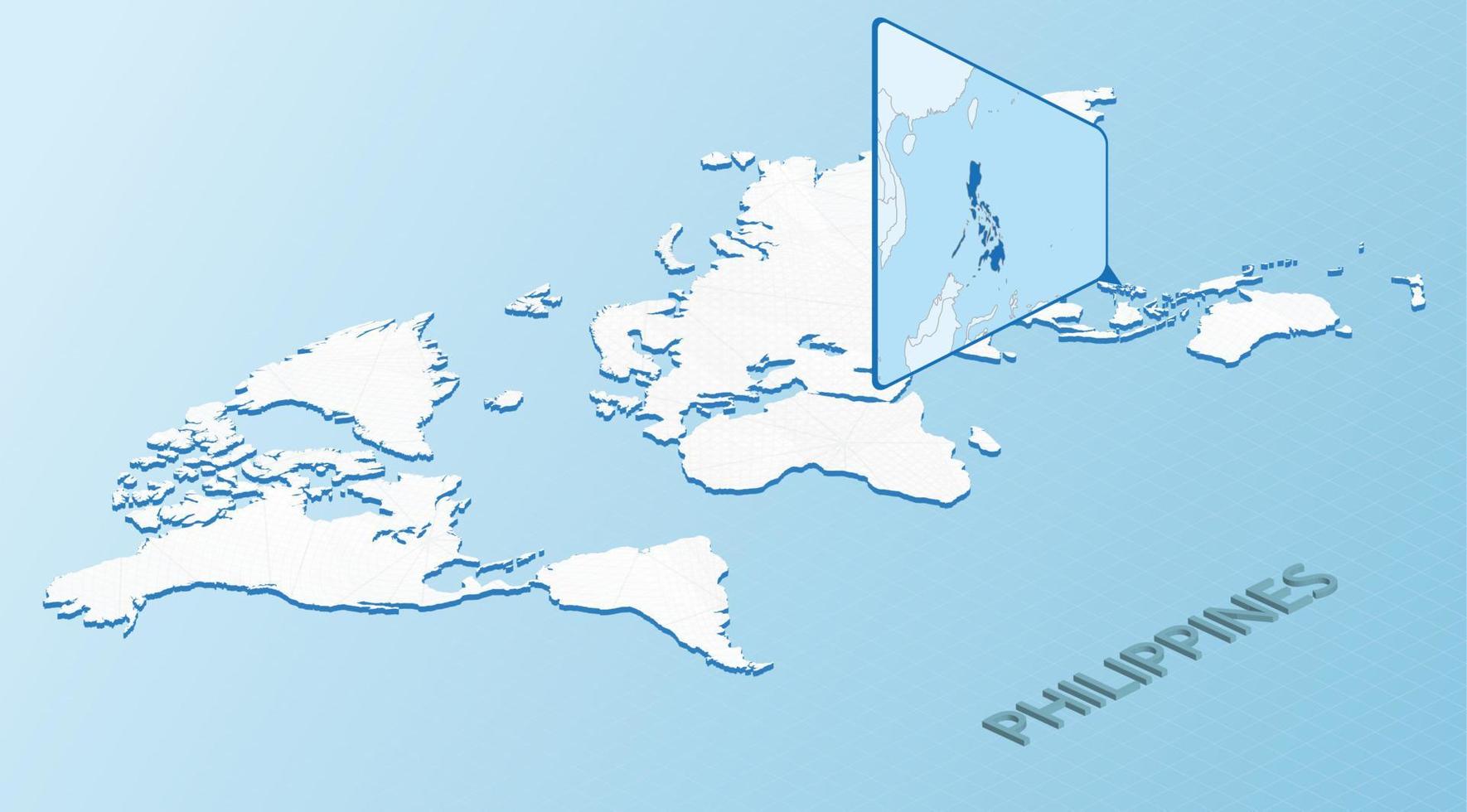 World Map in isometric style with detailed map of Philippines. Light blue Philippines map with abstract World Map. vector