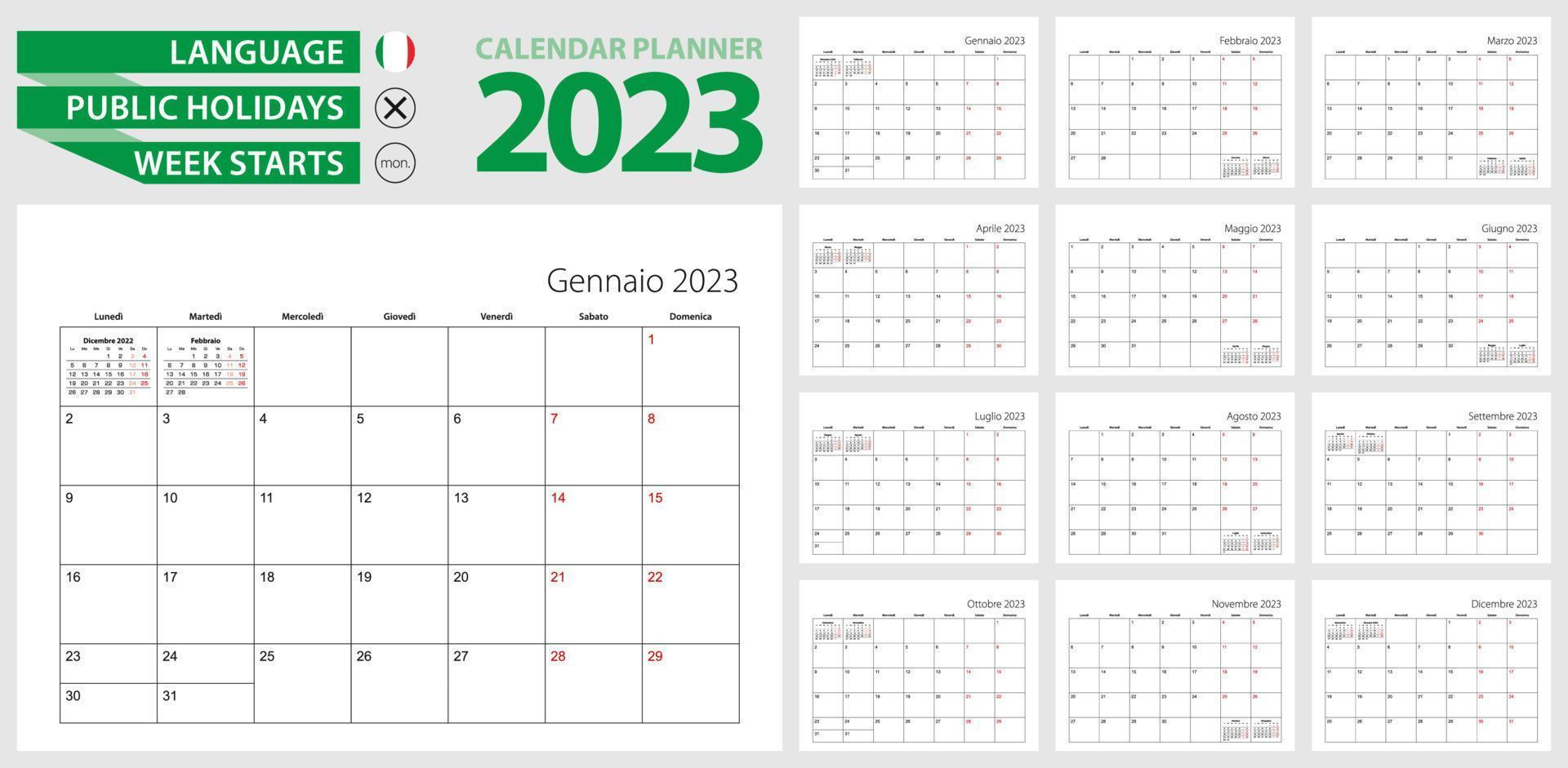 Italian calendar planner for 2023. Italian language, week starts from Monday. vector