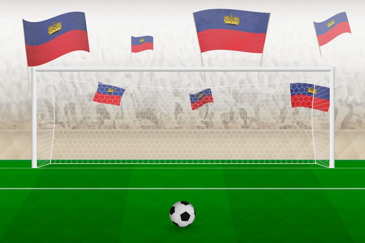 hinchas del equipo de fútbol de liechtenstein con banderas de liechtenstein animando en el estadio, concepto de tiro penal en un partido de fútbol. vector