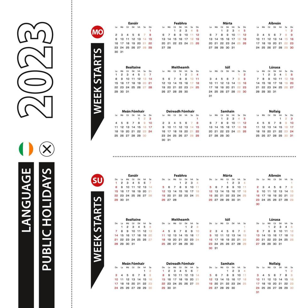 dos versiones del calendario 2023 en irlandés, la semana comienza el lunes y la semana comienza el domingo. vector