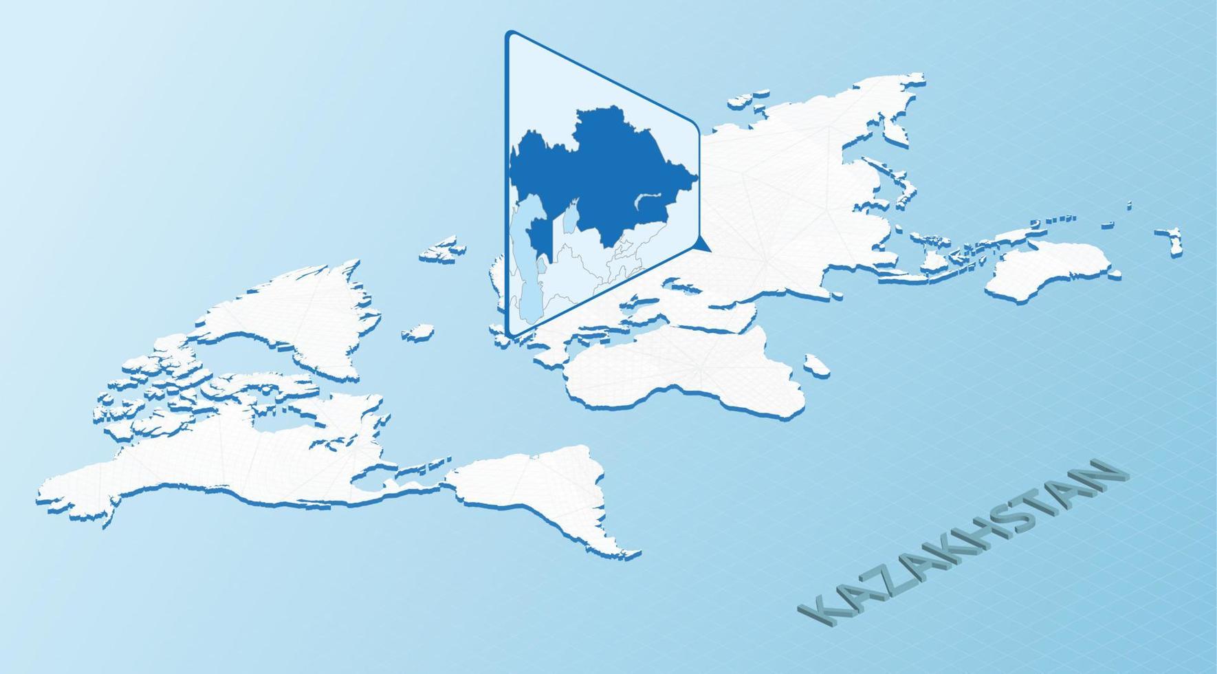 World Map in isometric style with detailed map of Kazakhstan. Light blue Kazakhstan map with abstract World Map. vector