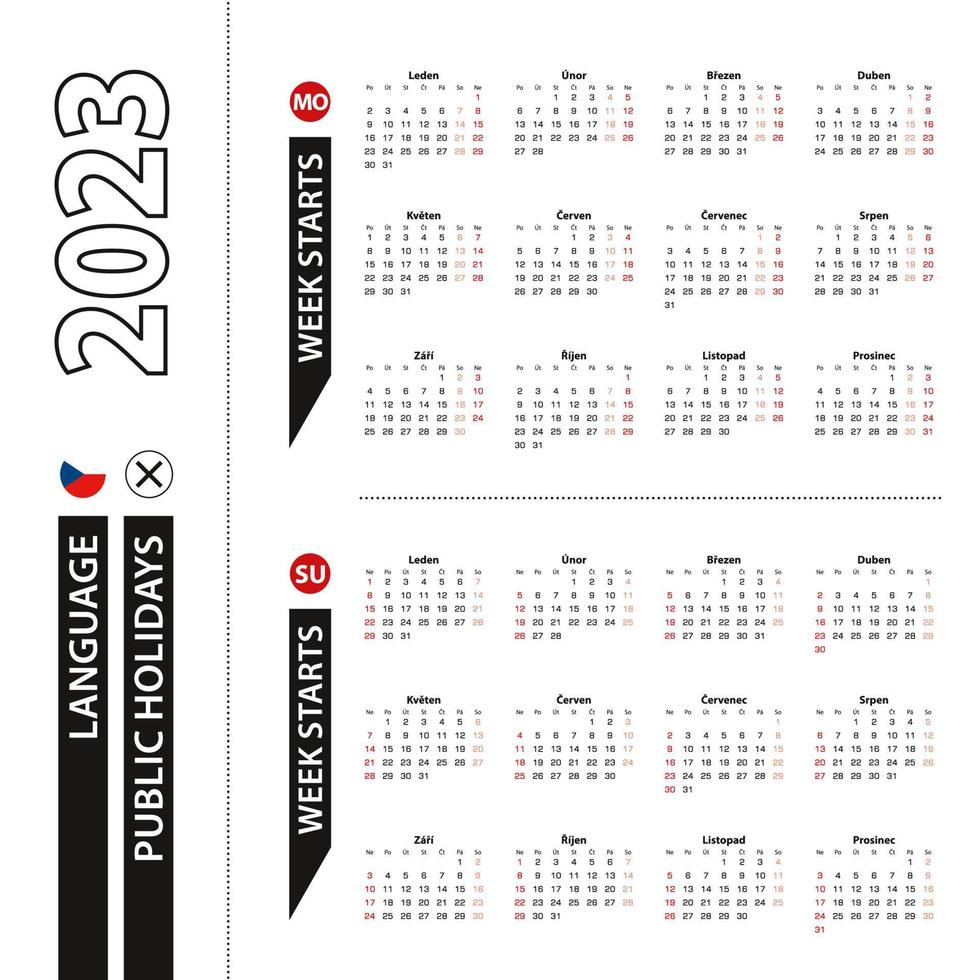 Two versions of 2023 calendar in Czech, week starts from Monday and week starts from Sunday. vector