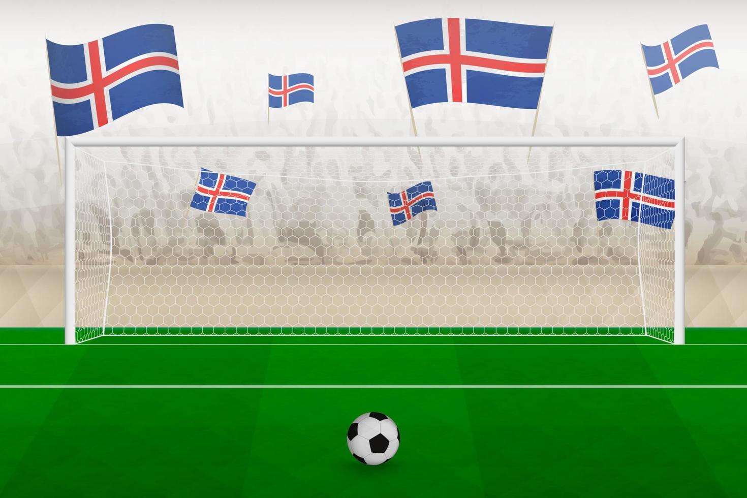 hinchas del equipo de fútbol de islandia con banderas de islandia animando en el estadio, concepto de tiro penal en un partido de fútbol. vector