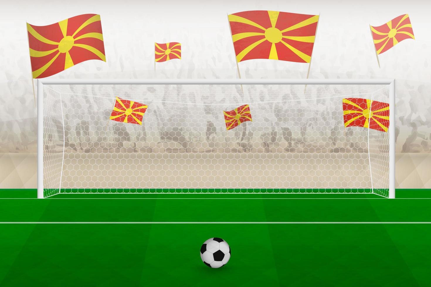 North Macedonia football team fans with flags of North  Macedonia cheering on stadium, penalty kick concept in a soccer match. vector