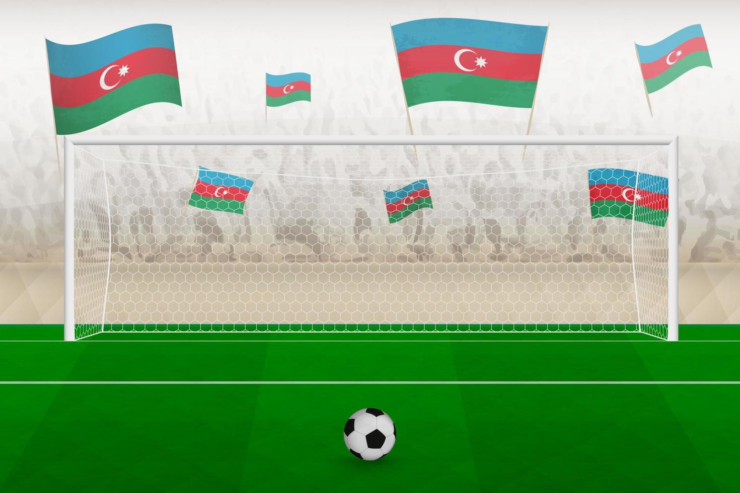 hinchas del equipo de fútbol de azerbaiyán con banderas de azerbaiyán animando en el estadio, concepto de tiro penal en un partido de fútbol. vector