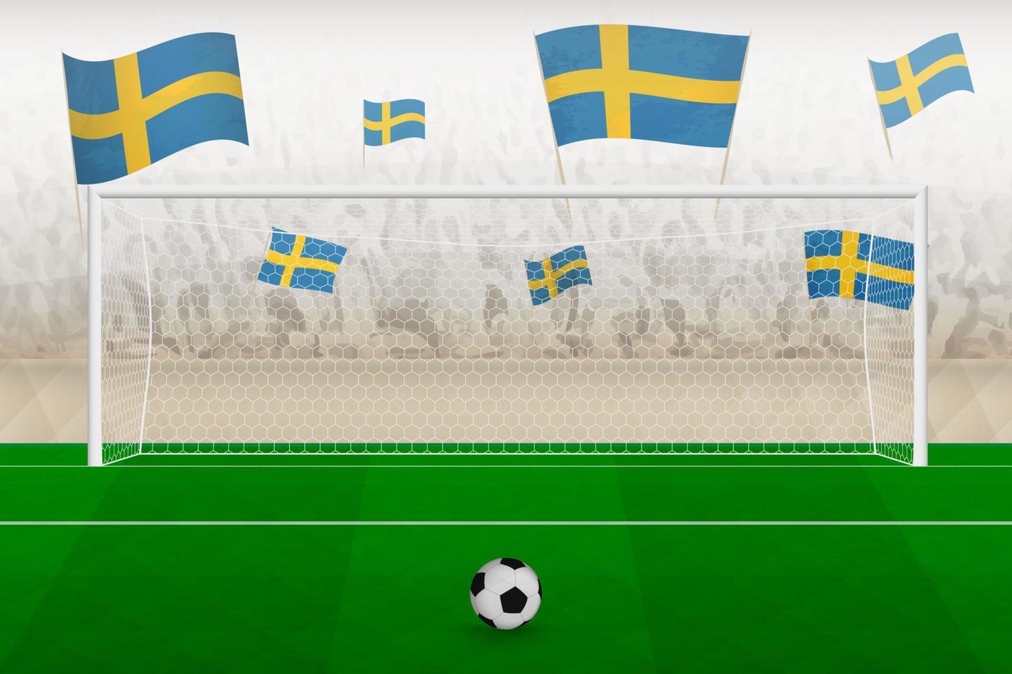hinchas del equipo de fútbol de suecia con banderas de suecia animando en el estadio, concepto de tiro penal en un partido de fútbol. vector