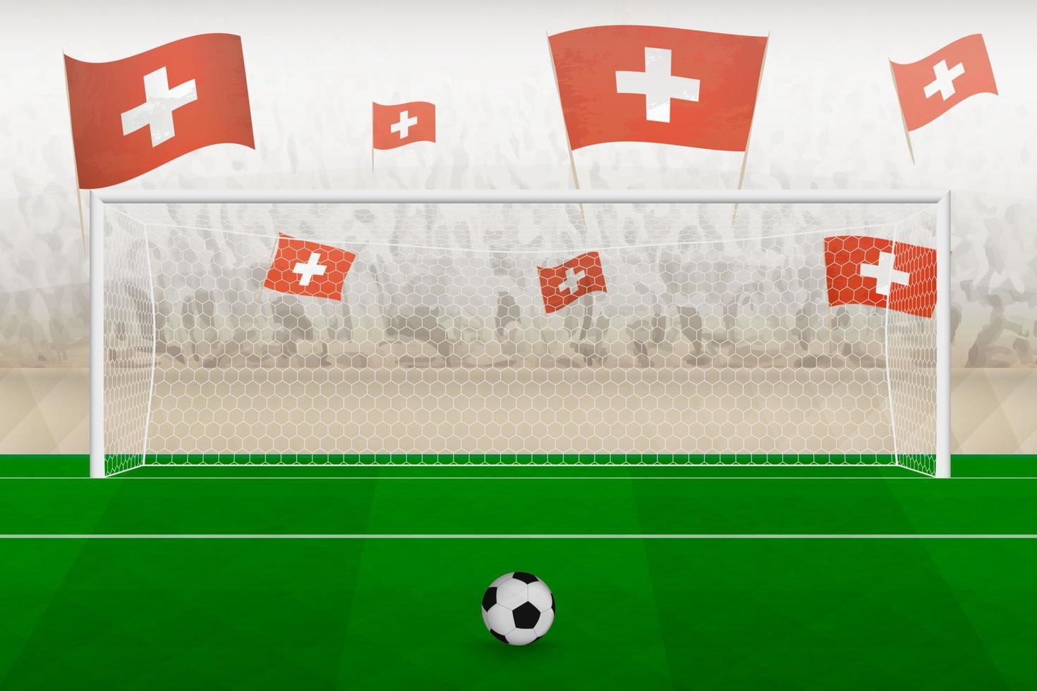 hinchas del equipo de fútbol de suiza con banderas de suiza animando en el estadio, concepto de tiro penal en un partido de fútbol. vector