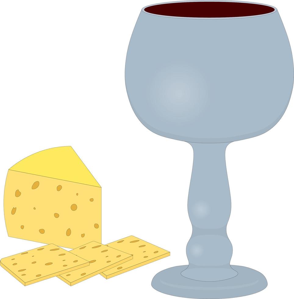 Copa de plata antigua de vino tinto con rebanadas de ilustración de vector de queso