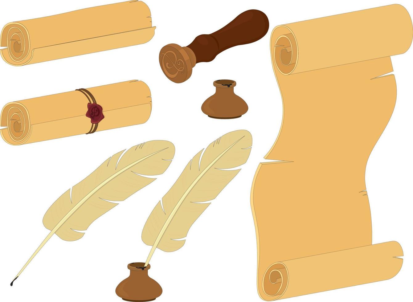 Paper scroll and writing supplies collection vector illustration