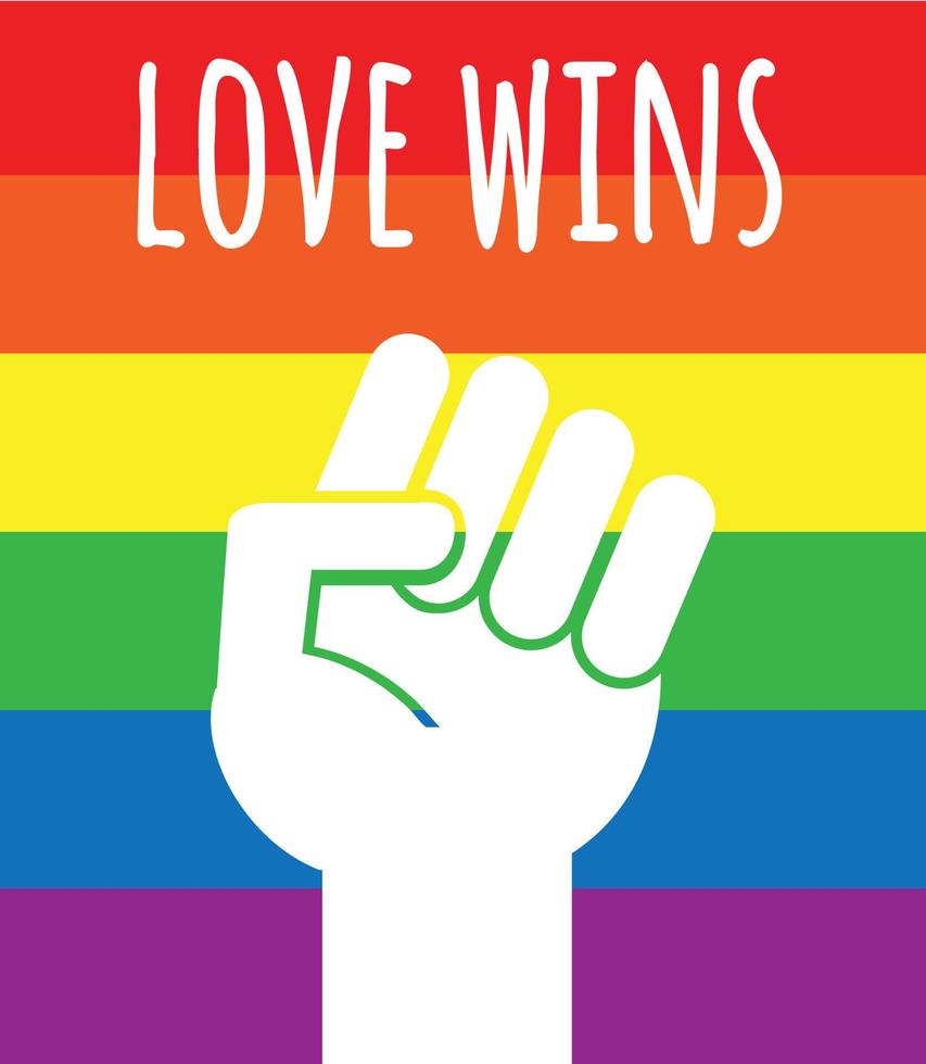 Vector flat lgbt flag fists with love wins text