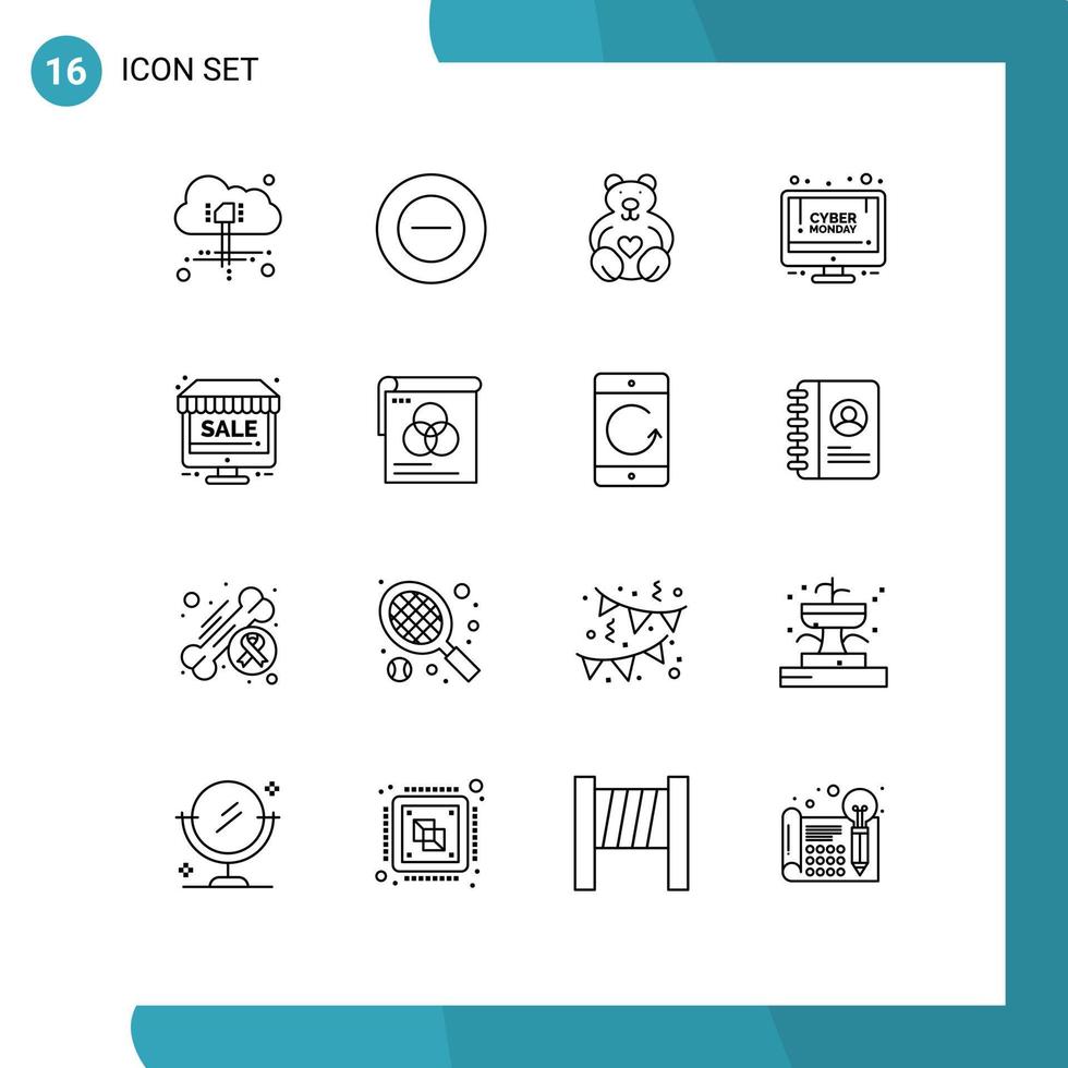 paquete de 16 signos y símbolos de contornos modernos para medios impresos web, como elementos de diseño de vectores editables de venta de monitores amorosos en línea