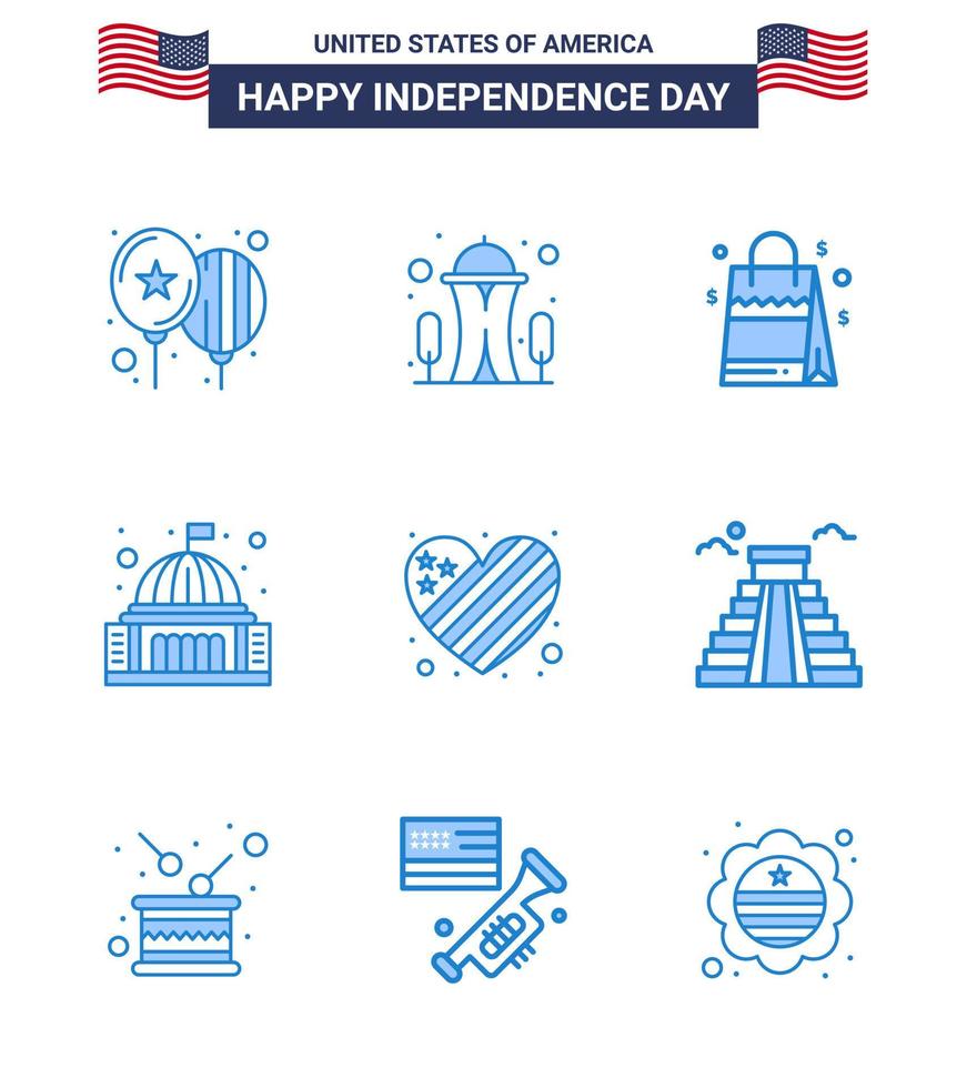 conjunto de 9 azules vectoriales el 4 de julio, día de la independencia de estados unidos, como el lugar de la casa de bolsas de hito estadounidense, elementos de diseño vectorial editables del día de estados unidos vector