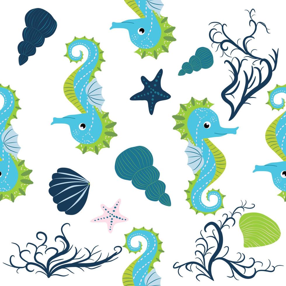 Cute seahorses cartoon seamless pattern. Hand drawn ocean animals. Nautical beach, Sea life fun underwater vector