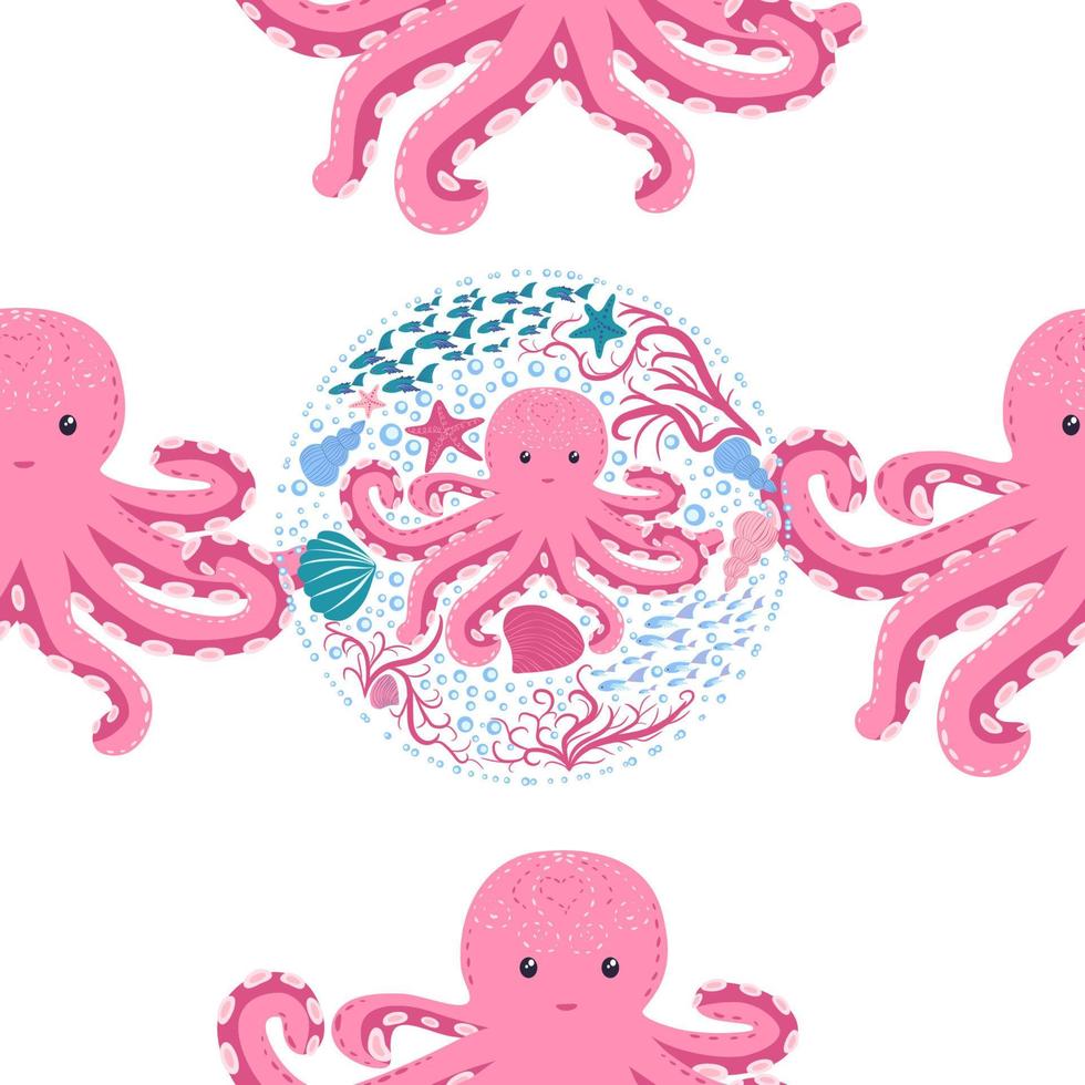 Seamless pattern with cute octopus, seaweed and pearl. Trendy nursery background vector