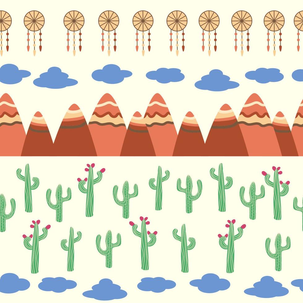 Vintage beautiful seamless desert pattern illustration. Landscape with cactus, mountains, clouds, dreamcatcher vector