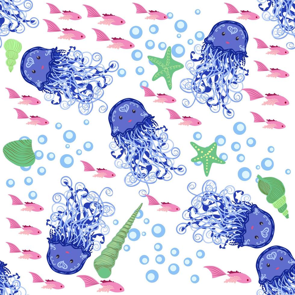 Seamless pattern with detailed transparent jellyfish. Childish seamless pattern with cute hand drawn fishes and jellyfishes in doodle style. Trendy nursery background vector