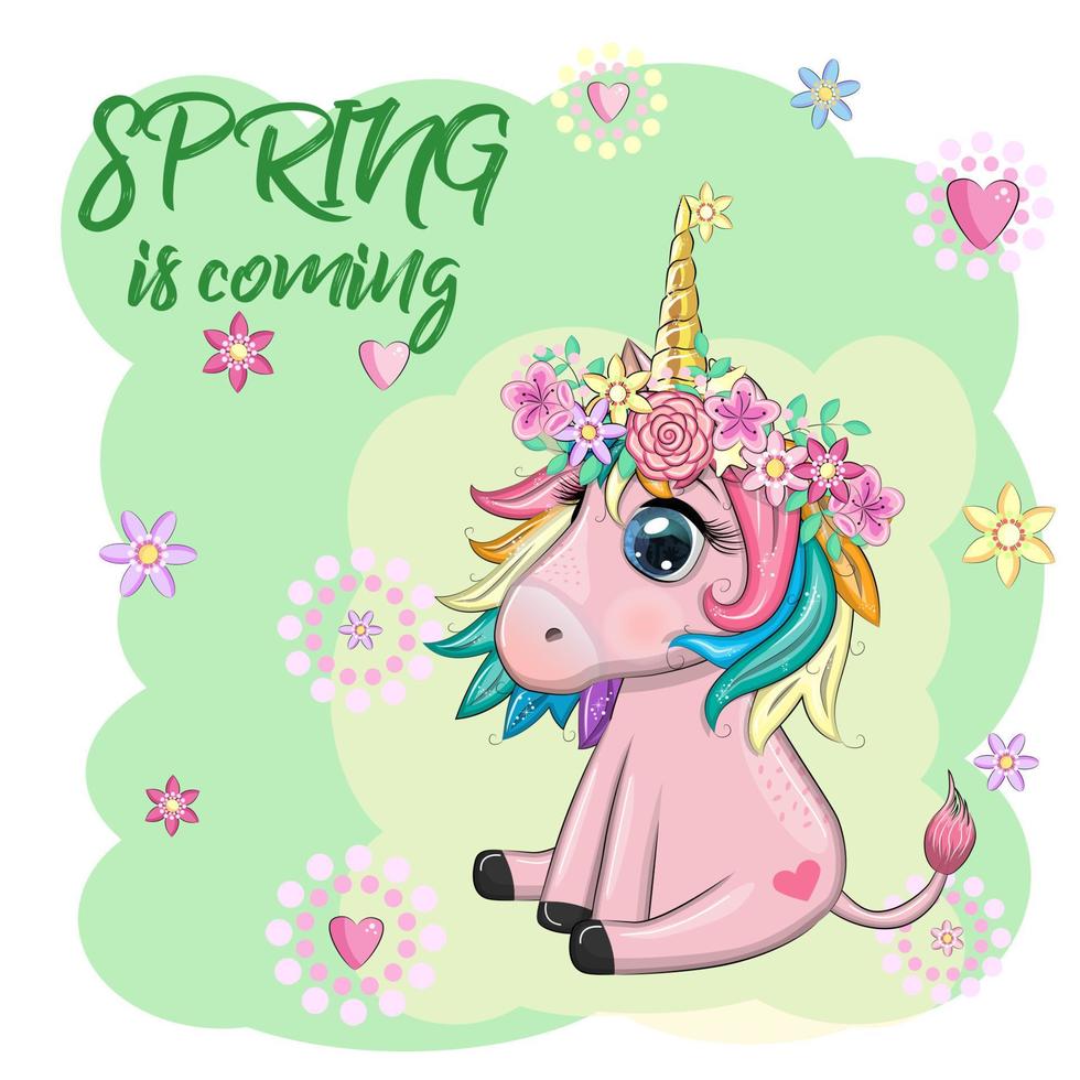 Unicorn with flowers, in a wreath, spring is coming, postcard for the holiday of spring. vector