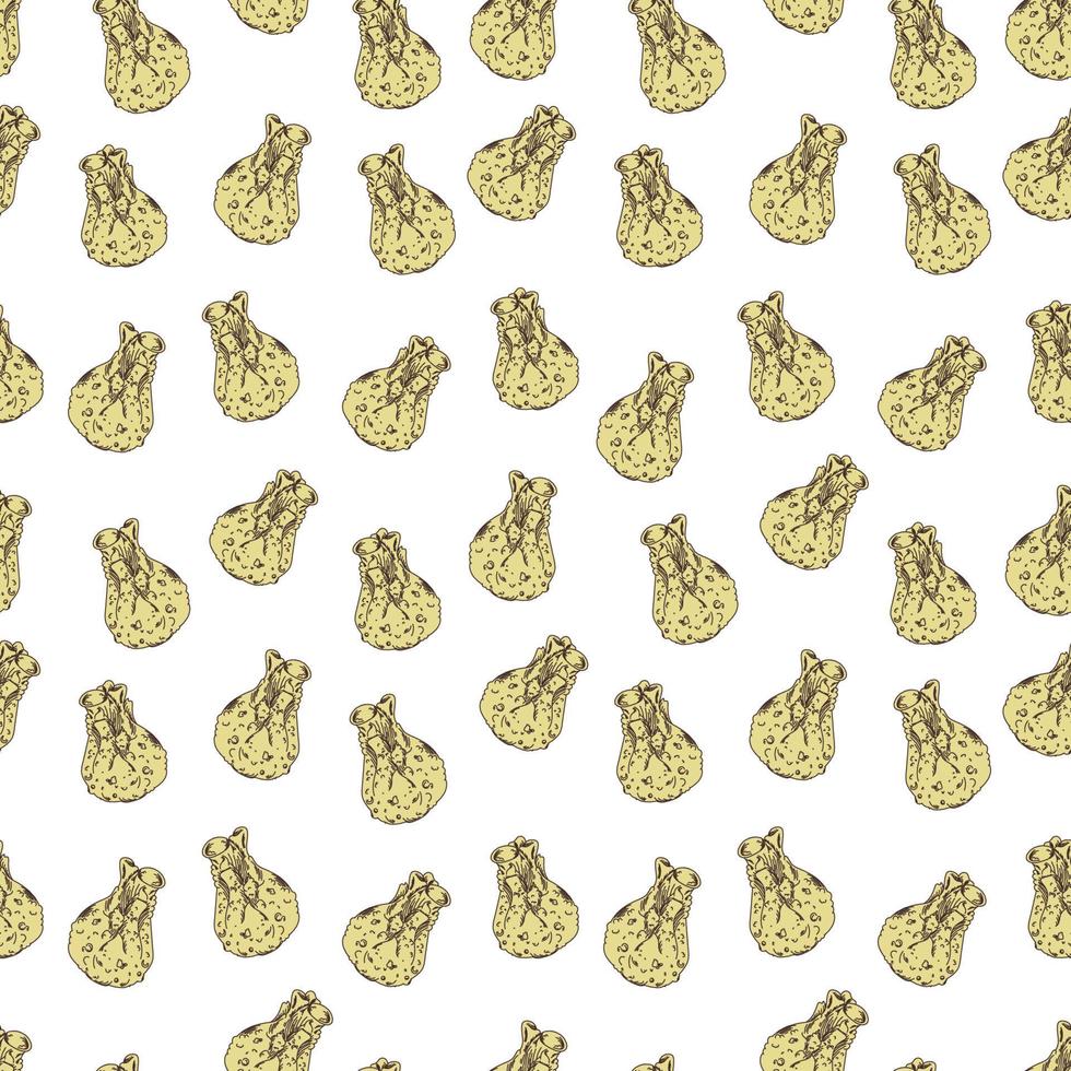 Dumplings seamless pattern. Wontons, Baozi, Jiaozi, Dimsams - options for Chinese dumplings. Asian cuisine. Doodle. Suitable for wallpapers, web page backgrounds, surface textures, textiles. vector