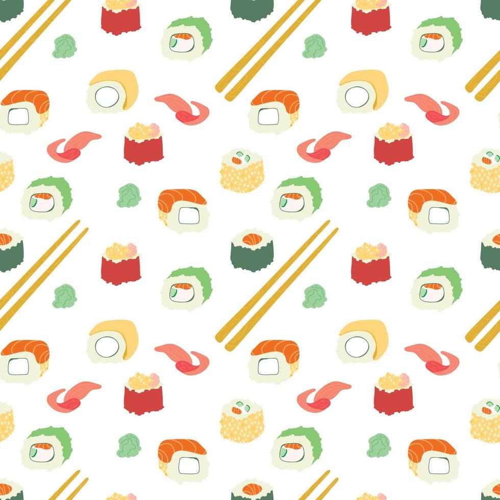 Sushi rolls pattern seamless. Traditional Japanese food background. Vector texture
