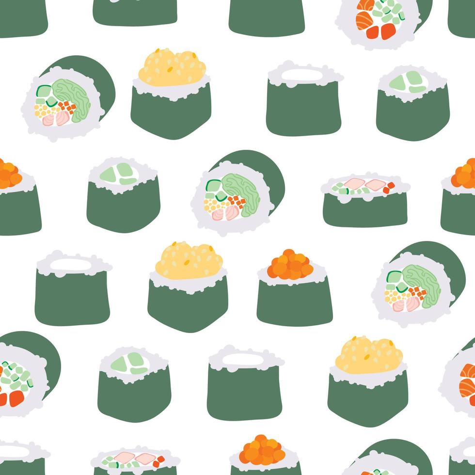 Sushi rolls pattern seamless. Traditional Japanese food background. Vector texture