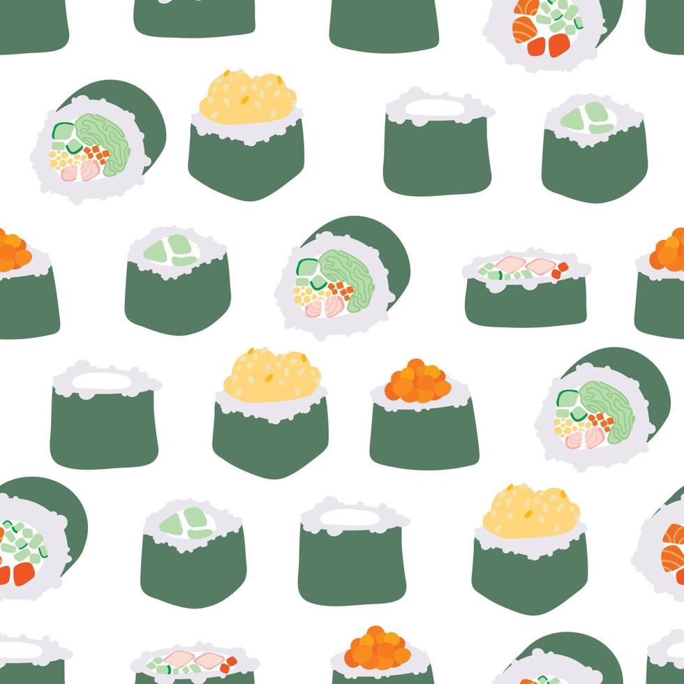 patrón de rollos de sushi sin costuras. fondo de comida tradicional japonesa. textura vectorial vector