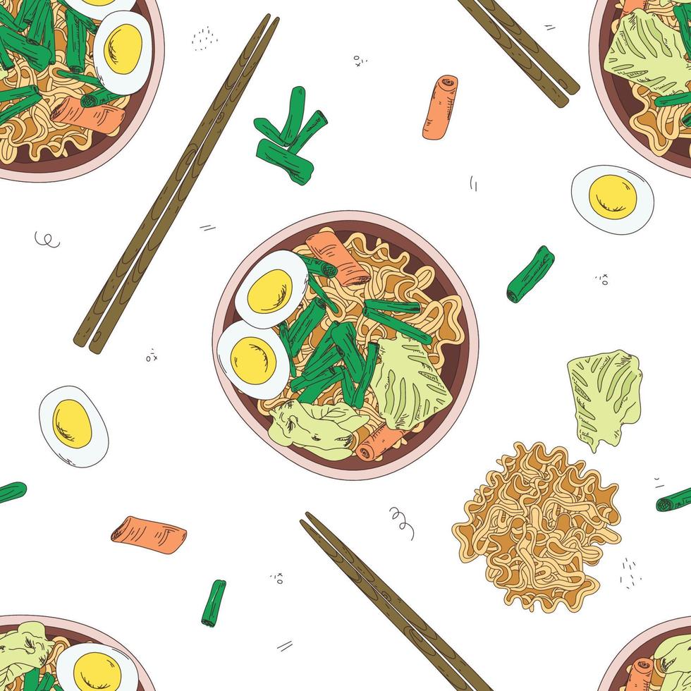 ramen de patrones sin fisuras y palillos. bosquejo. ilustración vectorial sopa de fideos con pollo thukpa. estilo grabado. fideos en un tazón. sopa de fideos ramen de comida rápida asiática. tom yam fo udon kimchi vector