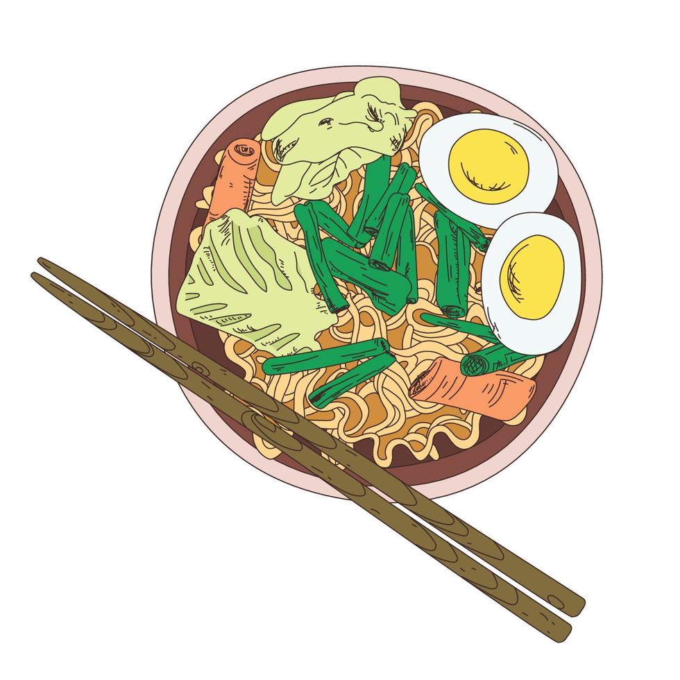 A bowl of ramen and chopsticks. Sketch. Vector illustration. Chicken Thukpa noodle soup. Engraved style. Noodles in bowl. Asian fast food Ramen noodle soup. Tom Yam Ramen Fo Udon Kimchi
