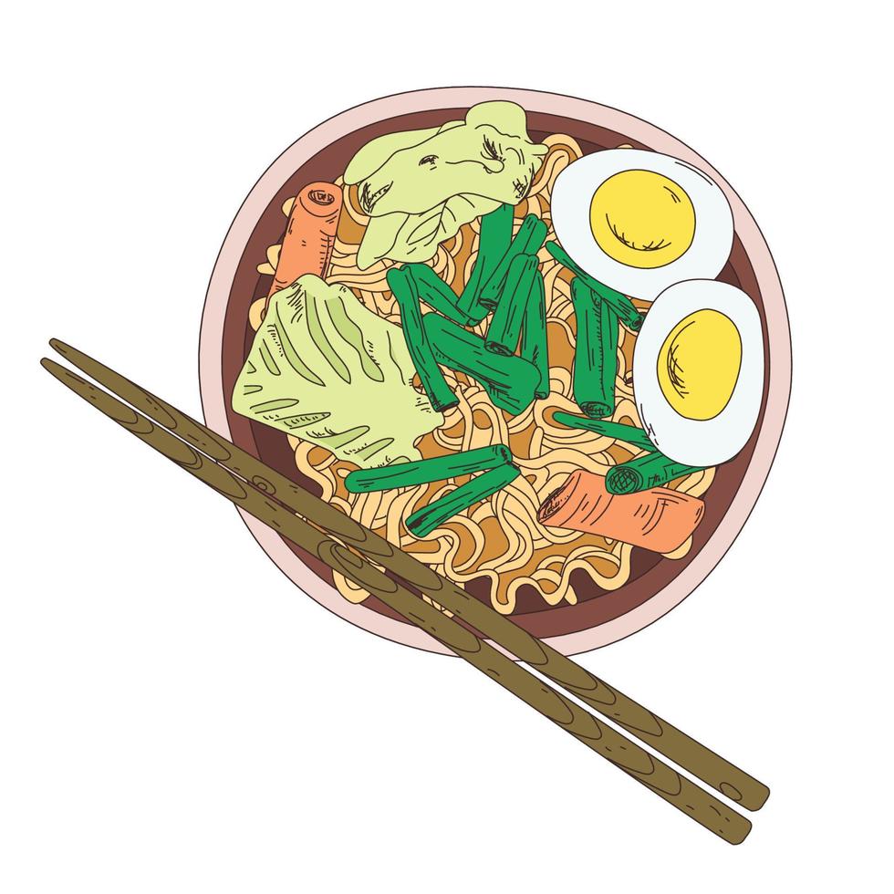 un plato de ramen y palillos. bosquejo. ilustración vectorial sopa de fideos con pollo thukpa. estilo grabado. fideos en un tazón. sopa de fideos ramen de comida rápida asiática. tom yam ramen para udon kimchi vector