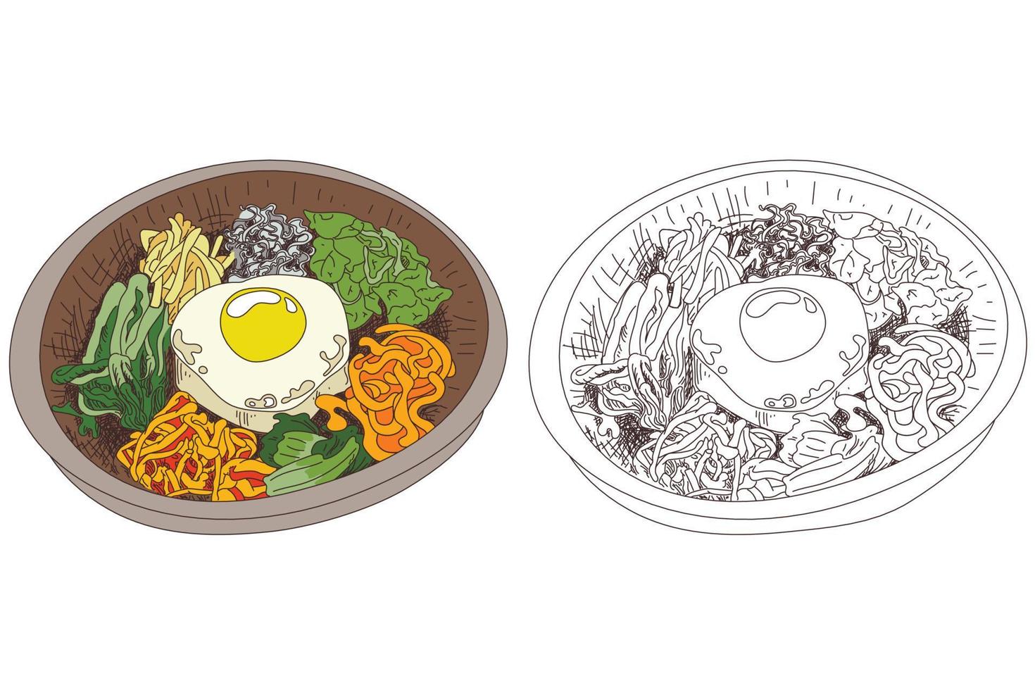 ilustración de bibimbap de comida coreana dibujada a mano. ilustración vectorial de una receta de bibimbap. plato tradicional coreano bibimbap con huevo frito, calamares, gambas, pepino, brotes de soja y algas. comida asiática. vector