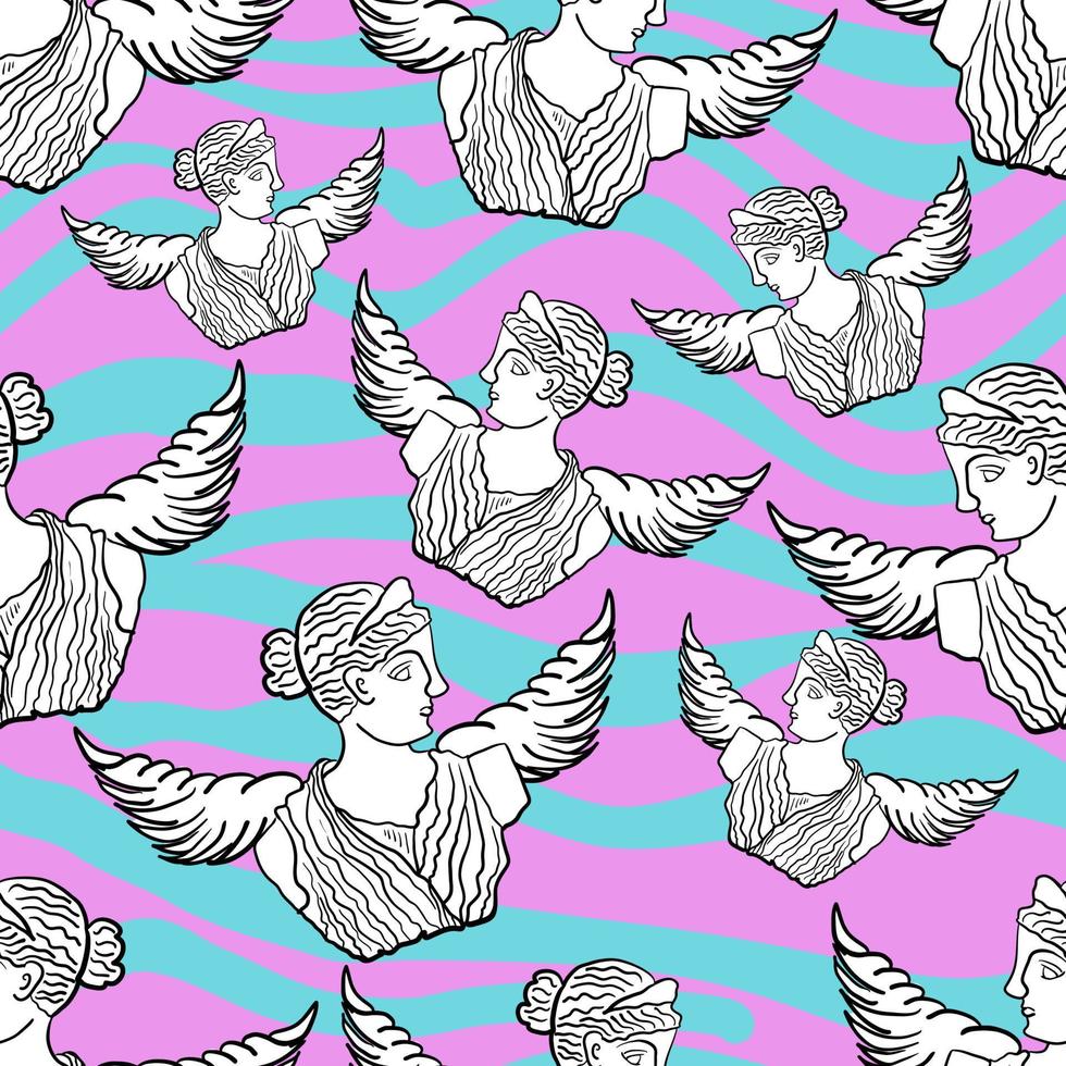 greek trippy woman statue with blue wings in psychedelic style seamless pattern vector