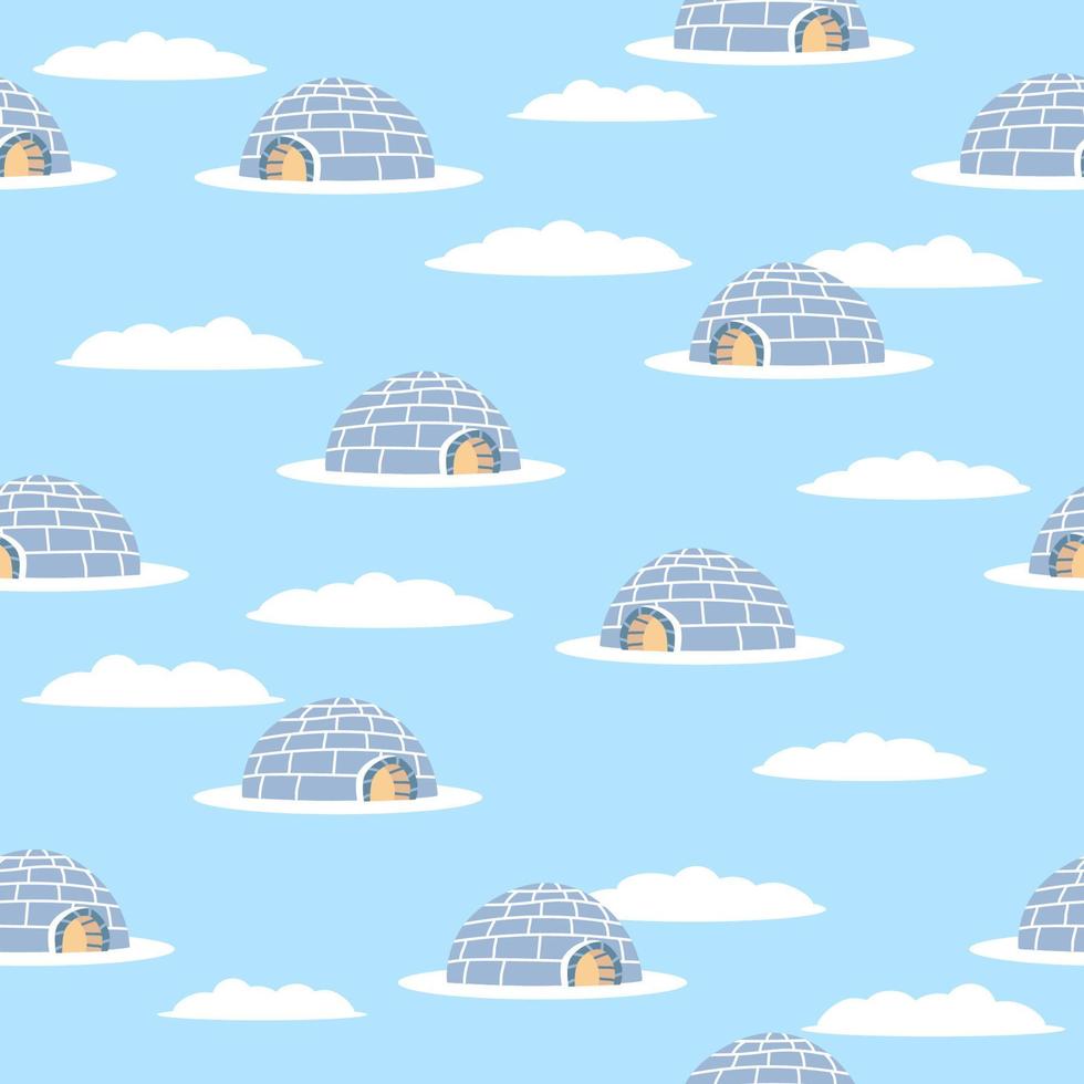 Seamless pattern of blue igloo. White winter background. Hand drawing icehouse. Eskimo house. Winter card. vector